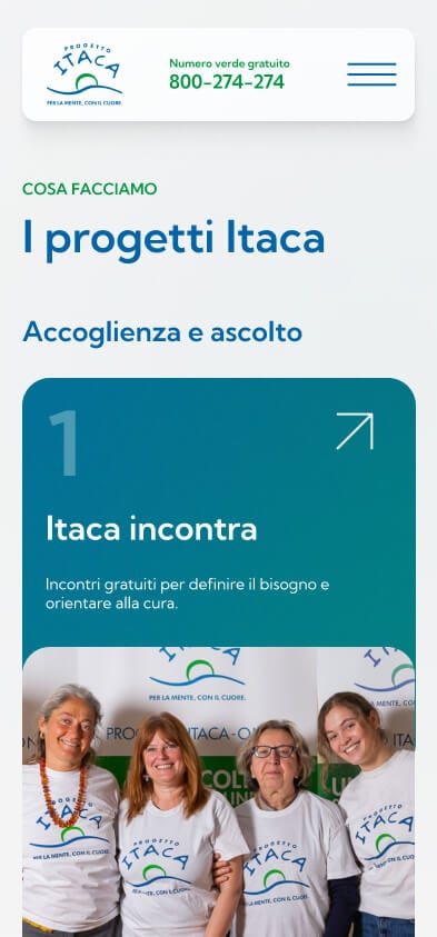 Mobile screenshot of the Progetto Itaca website