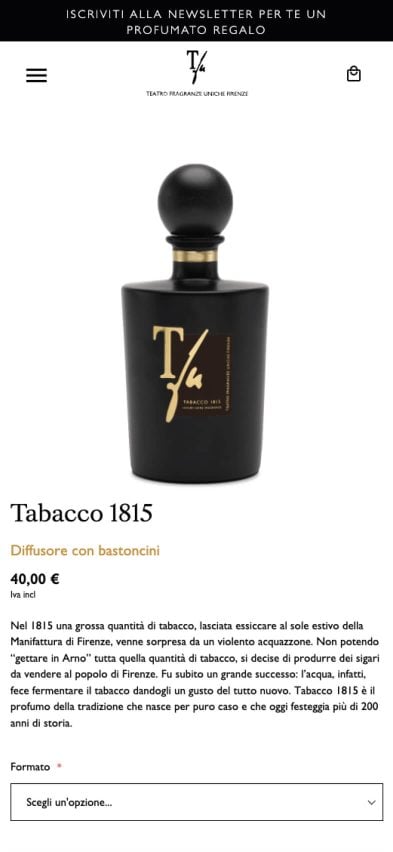 Screenshot of a product page in the website of Teatro Fragranze Uniche